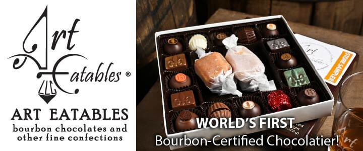 Box of chocolates with the text World's First Bourbon-Certified Chocolatier and the Art Eatables logo