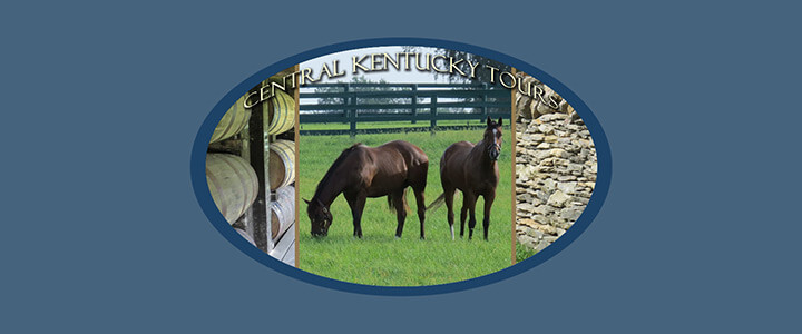 Two dark horses in a green field, framed by bourbon barrels and stone wall with the text Central Kentucky Tours