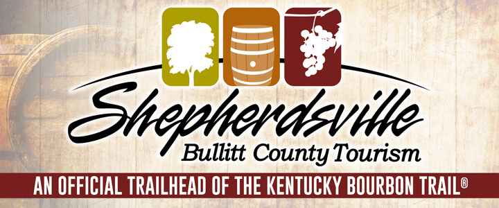 Shepherdsville Bullitt County Tourism banner with icons of a tree, a barrel, and wine grapes and the text An Official Trailhead of the Kentucky Bourbon Trail
