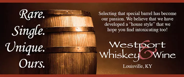 Bourbon barrel with the text Rare. Single. Unique. Ours. and the Westport Whiskey and Wine Louisville, KY