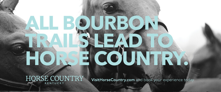 Closeup of two horses in black and white with the text All Bourbon Trails Lead to Horse Country