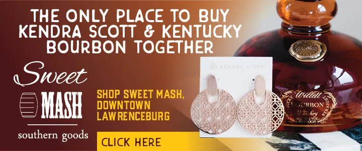 Bottle of Willett bourbon and a pair of earrings, with the text The Only Place to Buy Kendra Scott and Kentucky Bourbon Together, and the Sweet Mash Southern Goods logo