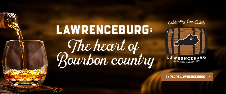 Bourbon pouring into a tumbler, the text Lawrenceburg: The Heart of Bourbon Country, and the Lawrenceburg logo