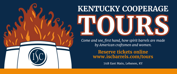 Illustration of three ISC bourbon barrels with flames coming out the top, and the text Kentucky Cooperage Tours