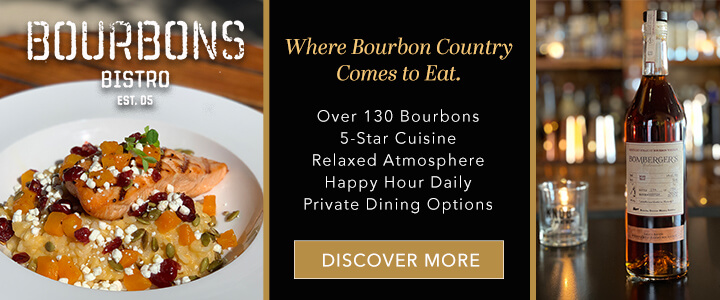 Plate of salmon from Bourbons Bistro, a Bombergers bourbon bottle, and the text Where Bourbon County Comes to Eat