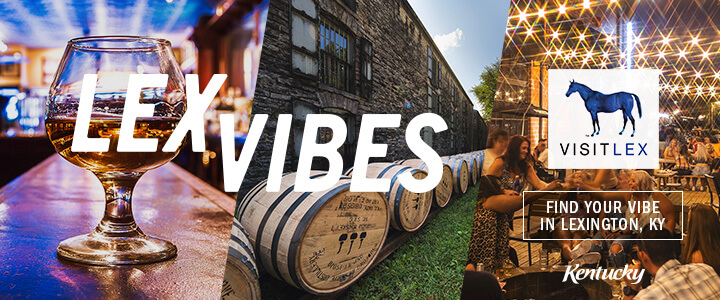 A snifter of bourbon, a row of bourbon barrels, and a scene of nightlife with the text LEX VIBES and the VisitLex logo