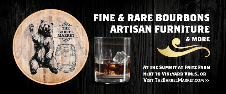 Text informing you about the The Barrel Market: a store with Fine & Rare Bourbons, Artisan Furniture, and More.