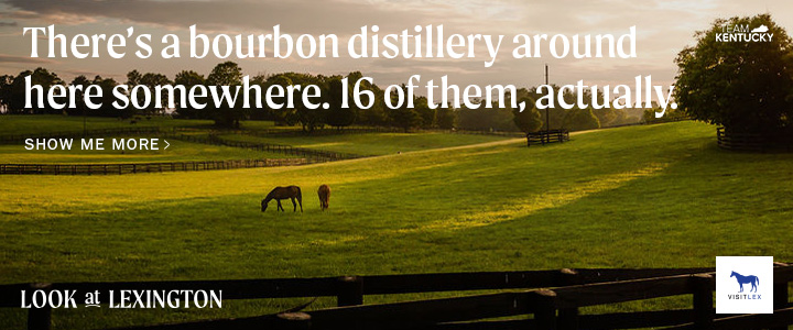 A photo of the Lexington countryside, with text saying there's a bourbon distillery around here somewhere — actually, 16 of them.