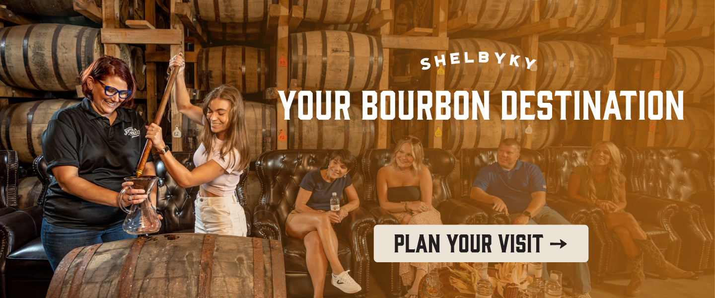 Friends enjoy a comfortable, seated bourbon tasting in Shelby, Kentucky