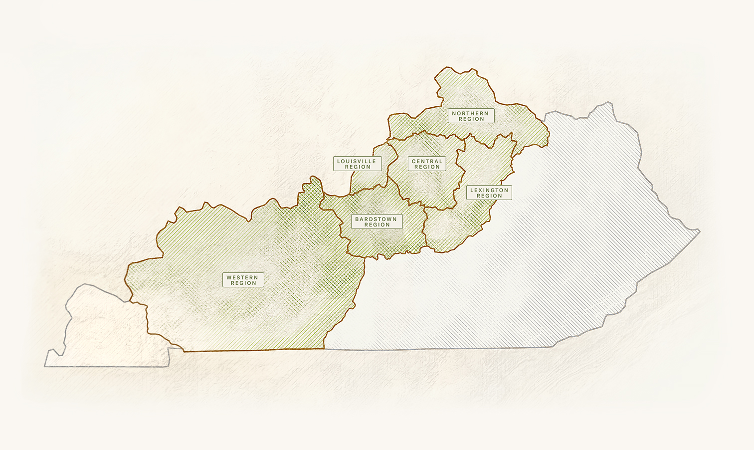 A map of the 6 regions that make up the Kentucky Bourbon Trail®: Western Region, Bardstown Region, Louisville Region, Central Region, Lexington Region, Northern Region